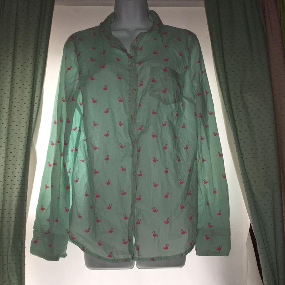 Light teal flamingo print button up